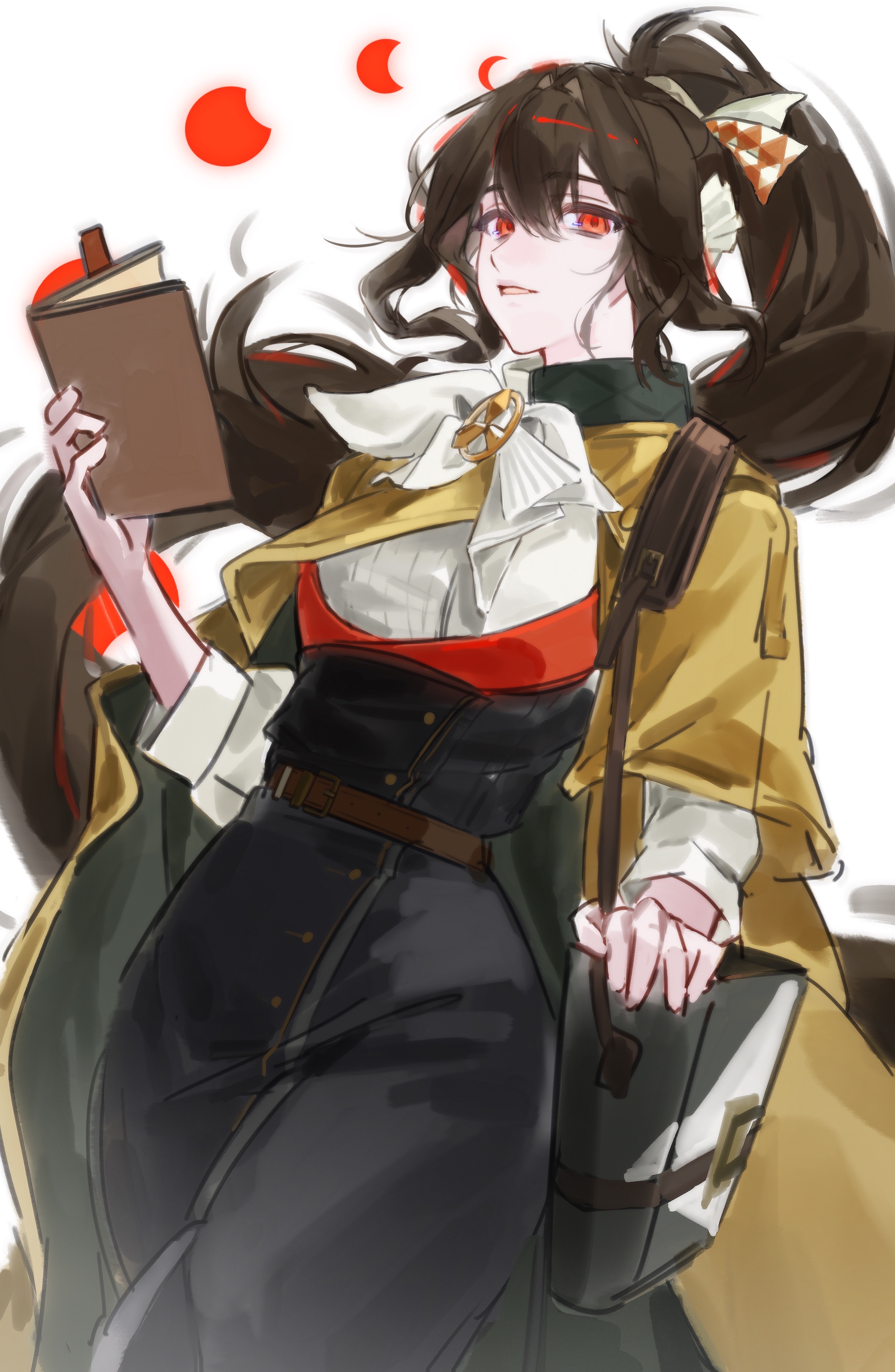 semmelweis (reverse:1999), reverse:1999, absurdres, highres, 1girl, bag, black hair, black skirt, bow, brown cape, cape, cowboy shot, grin, hair bow, hand up, holding, holding notebook, long hair, looking at viewer, moon phases, neckerchief, notebook, ponytail, red eyes, shirt, shoulder bag, shuimeng hua suxie, skirt, smile, solo, very long hair, white background, white bow, white neckerchief, white shirt
