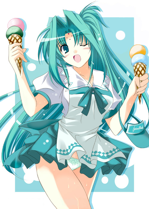 ibuki pon, lindy harlaown, lyrical nanoha, mahou shoujo lyrical nanoha, 00s, 1girl, apron, blue eyes, blue hair, blush, facial mark, female focus, food, forehead mark, ice cream, matching hair/eyes, one eye closed, panties, pantyshot, solo, underwear, waitress, wink
