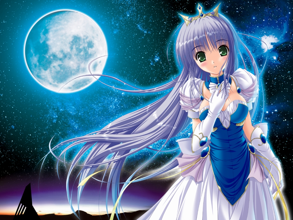 feena fam earthlight, yoake mae yori ruri iro na, 1girl, armor, blue hair, blunt bangs, breasts, cleavage, collarbone, cowboy shot, female focus, green eyes, long hair, long sleeves, looking at viewer, moonlight, shoulder pads, solo, standing, very long hair