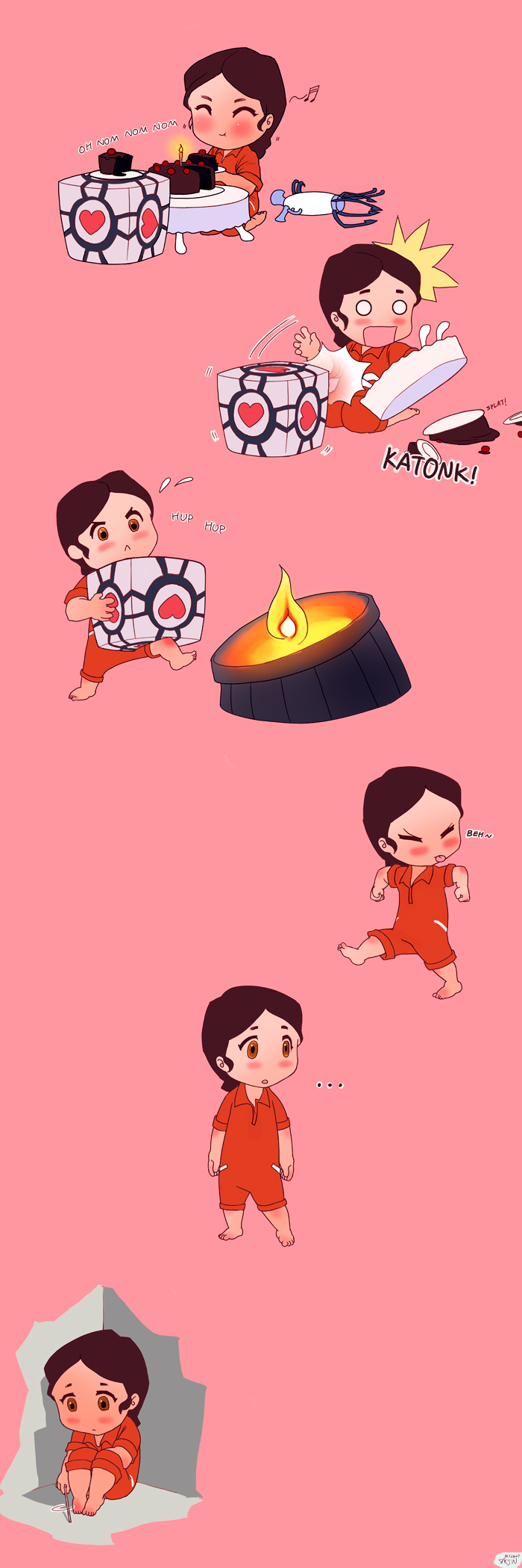 saejin oh, chell, portal (series), portal 1, highres, long image, spoilers, tall image, aperture science handheld portal device, aperture science weighted companion cube, barefoot, black forest cake, blush, cake, chibi, comic, cube, eating, fire, food, heart, jumpsuit, murder, musical note, orange jumpsuit, pastry, silent comic, table flip, valve
