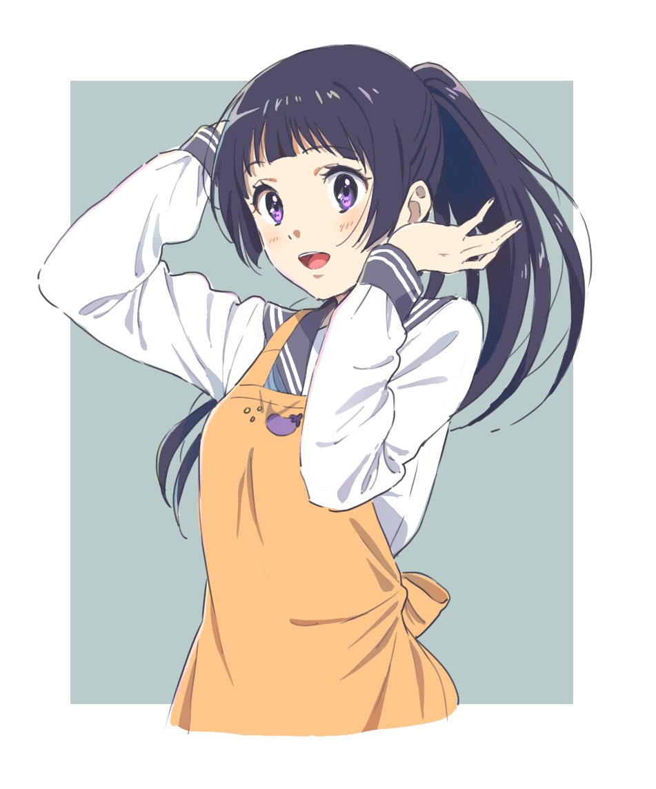 sagawa haruka, chitanda eru, hyouka, 1girl, apron, black hair, kamiyama high school uniform (hyouka), long hair, looking at viewer, open mouth, ponytail, purple eyes, school uniform, smile, solo
