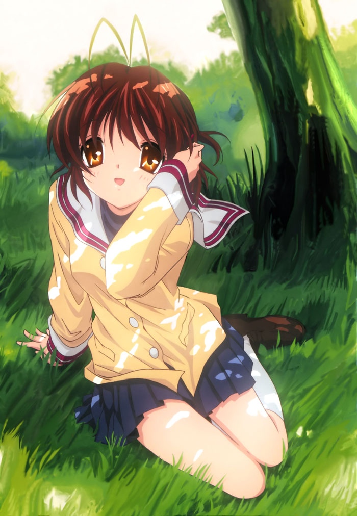 furukawa nagisa, clannad, 00s, antenna hair, brown eyes, brown hair, day, grass, happy, nature, school uniform, serafuku, sitting, sky, smile, wind
