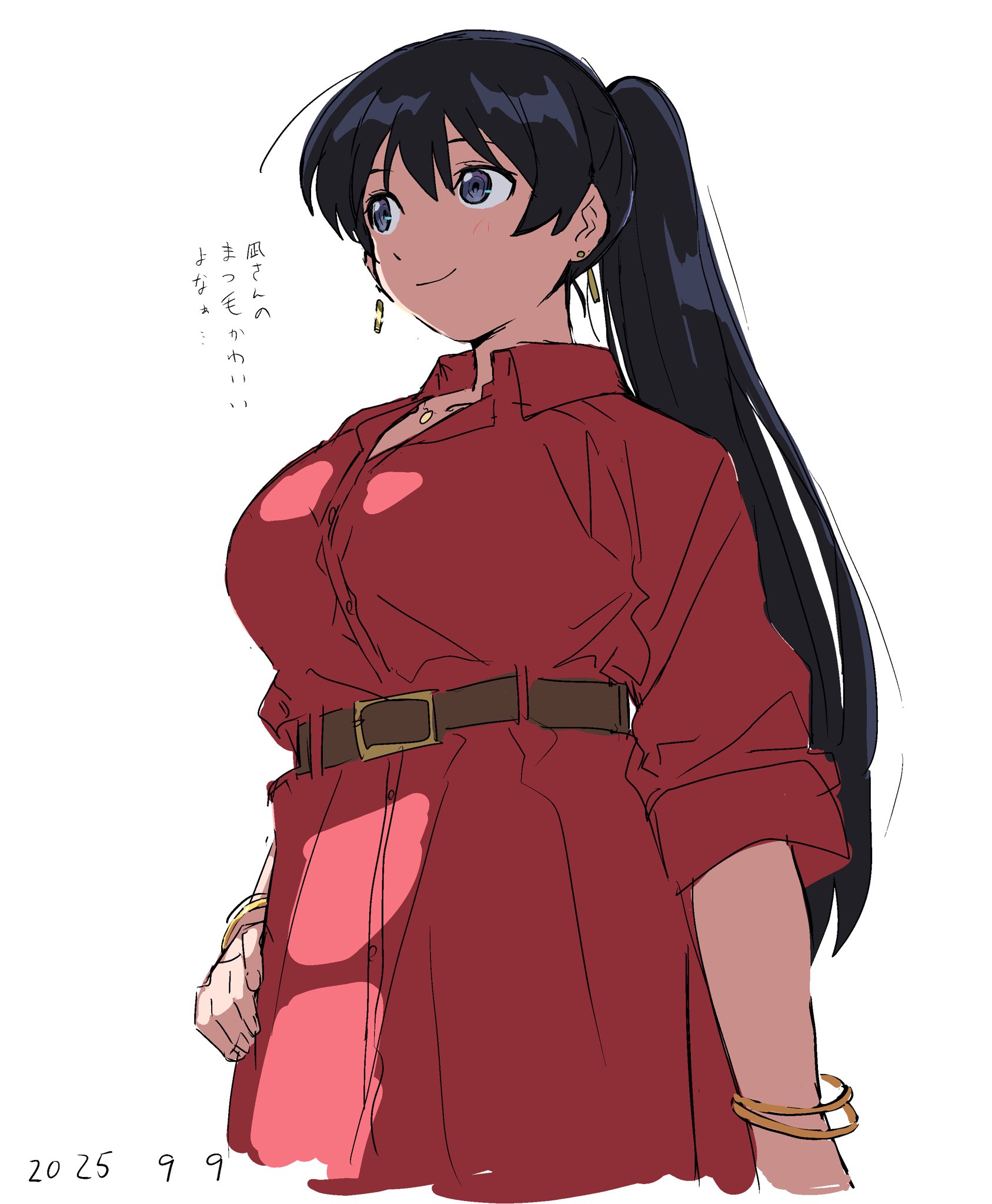takatisakana, arato nagi, ruri no houseki, highres, 1girl, black hair, blue eyes, breasts, dress, earrings, jewelry, large breasts, long hair, ponytail, red dress, smile, solo, white background