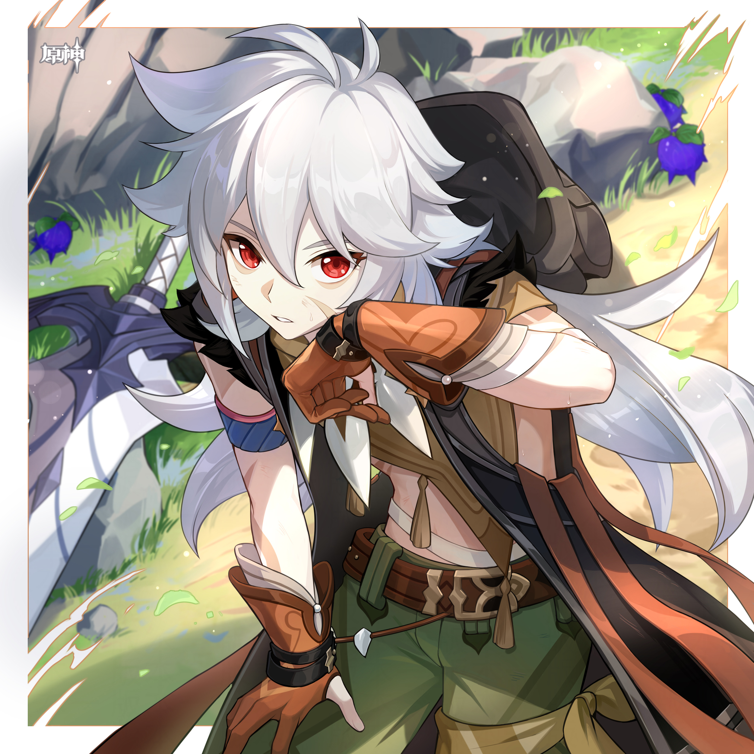 razor (genshin impact), genshin impact, absurdres, chinese commentary, commentary request, highres, official art, 1boy, antenna hair, belt, black coat, bone necklace, border, brown belt, brown gloves, brown ribbon, brown shirt, coat, copyright name, day, facial scar, ferrous shadow (genshin impact), food, fruit, gloves, grass, greatsword, green pants, grey hair, hair between eyes, hand up, hood, hood down, hooded coat, jewelry, light particles, long hair, looking at viewer, male focus, necklace, outdoors, outside border, pants, parted lips, partially fingerless gloves, red eyes, ribbon, rock, scar, scar on arm, scar on cheek, scar on face, shirt, short sleeves, sitting, sleeveless, sleeveless coat, solo, sweat, sword, tassel, very long hair, weapon, white border, wiping sweat, wolfhook (genshin impact)