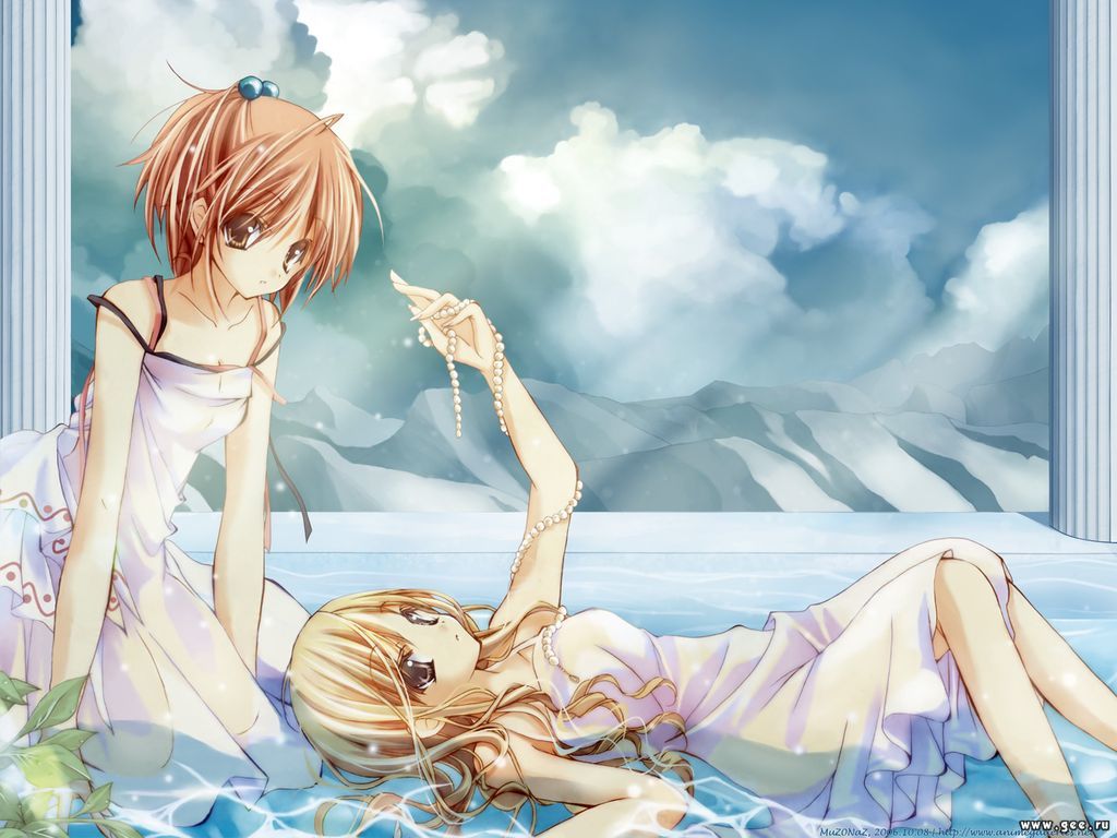 maki chitose, aoi nagisa, byakudan kagome, strawberry panic!, 00s, 2girls, arm up, blonde hair, brown eyes, brown hair, cloud, curly hair, day, dress, gem, grey eyes, hair bobbles, hair ornament, kneeling, leaf, leaning forward, long hair, lying, multiple girls, on back, pearl (gemstone), pink hair, ponytail, ribbon, short hair, sky, submerged, water, watermark, wet, wet clothes