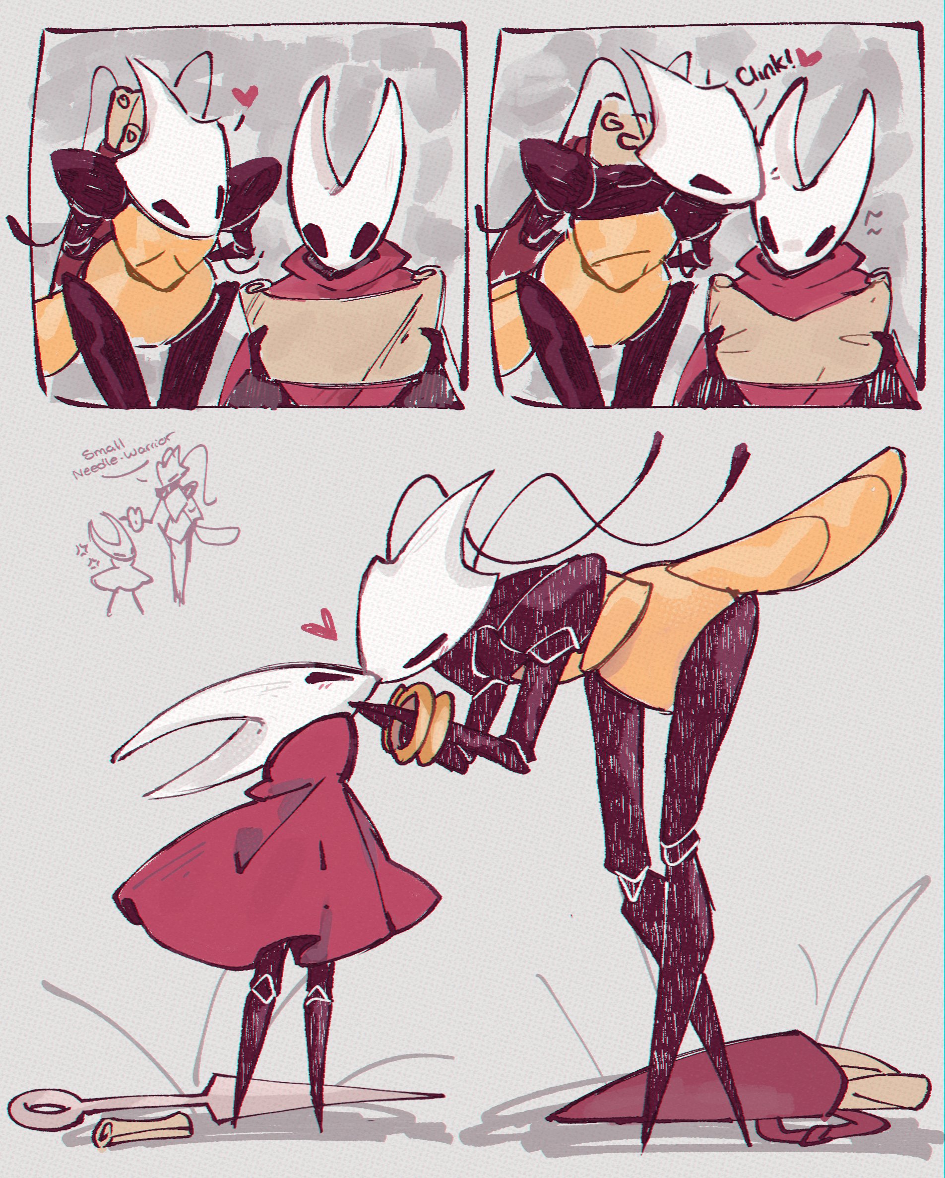 momoiiroo, hornet (hollow knight), hollow knight, hollow knight: silksong, highres, 2girls, anger vein, arthropod girl, black skin, cloak, colored skin, heart, kiss, multiple girls, needle (hollow knight), red cloak, shakra (hollow knight), weapon, yuri