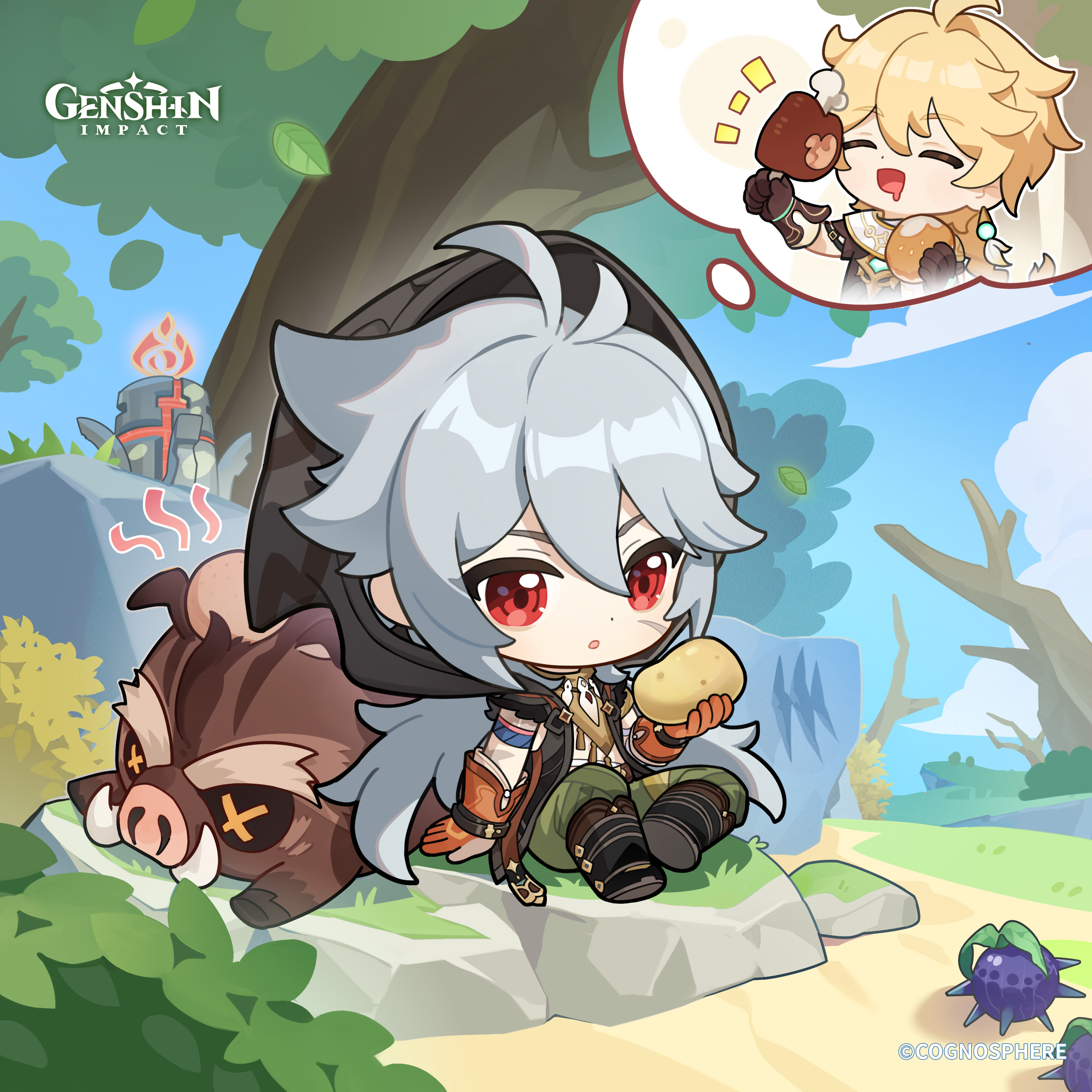 aether (genshin impact), razor (genshin impact), genshin impact, absurdres, commentary, english commentary, highres, official art, 2boys, ahoge, antenna hair, berry, black boots, blonde hair, blue sky, boar, boned meat, boots, chibi, cloud, copyright name, day, dot nose, drooling, facial scar, falling leaves, food, gloves, green pants, grey hair, holding, holding food, hood, hood up, knee up, leaf, long hair, male focus, meat, multiple boys, outdoors, pants, red eyes, scar, scar on cheek, scar on face, sitting, sky, speech bubble, thought bubble, tree, very long hair, wolfhook (genshin impact)