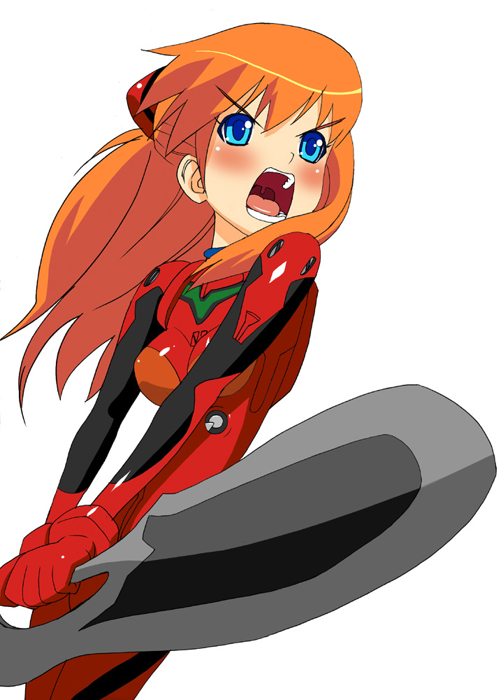 sugaishi, sugaishi (unbr), souryuu asuka langley, neon genesis evangelion, 1girl, angry, blue eyes, blush, bracer, colored eyelashes, cowboy shot, double blade, female focus, from side, legs together, long hair, mecha pilot suit, open mouth, orange hair, plugsuit (evangelion), red hair, shouting, simple background, skin tight, solo, standing, v-shaped eyebrows, white background