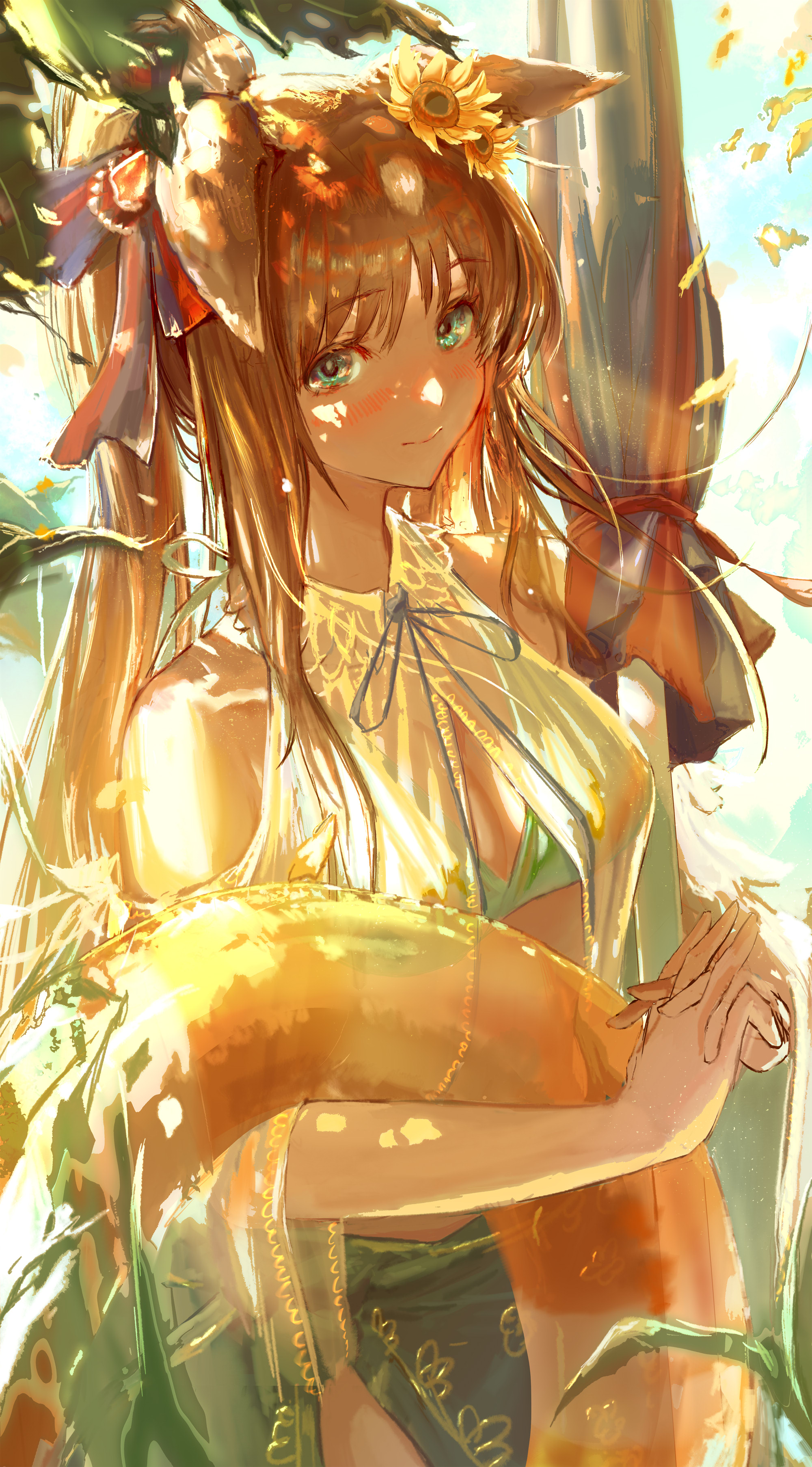 jinchigou, grass wonder (umamusume), umamusume, absurdres, highres, 1girl, animal ears, bare shoulders, bikini, blush, brown hair, closed mouth, clothing cutout, flower, green bikini, green eyes, green sarong, hair flower, hair ornament, hair ribbon, holding, holding swim ring, horse ears, horse girl, innertube, long hair, looking at viewer, open clothes, open shirt, ponytail, red ribbon, ribbon, sarong, see-through clothes, see-through shirt, shirt, shoulder cutout, sidelocks, smile, solo, sunflower, sunflower hair ornament, swim ring, swimsuit