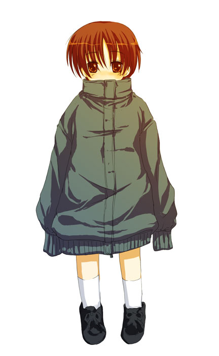 broiler, original, 1boy, androgynous, black socks, brown eyes, brown hair, full body, jacket, kneehighs, long sleeves, looking at viewer, male focus, oversized clothes, simple background, socks, solo, standing, white background
