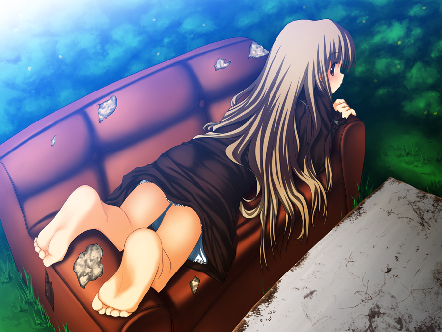 broiler, original, 1girl, barefoot, brown hair, brown upholstery, couch, dress, feet, female focus, foreshortening, grass, long hair, looking back, lying, nature, on stomach, outdoors, purple eyes, soles, solo, toes