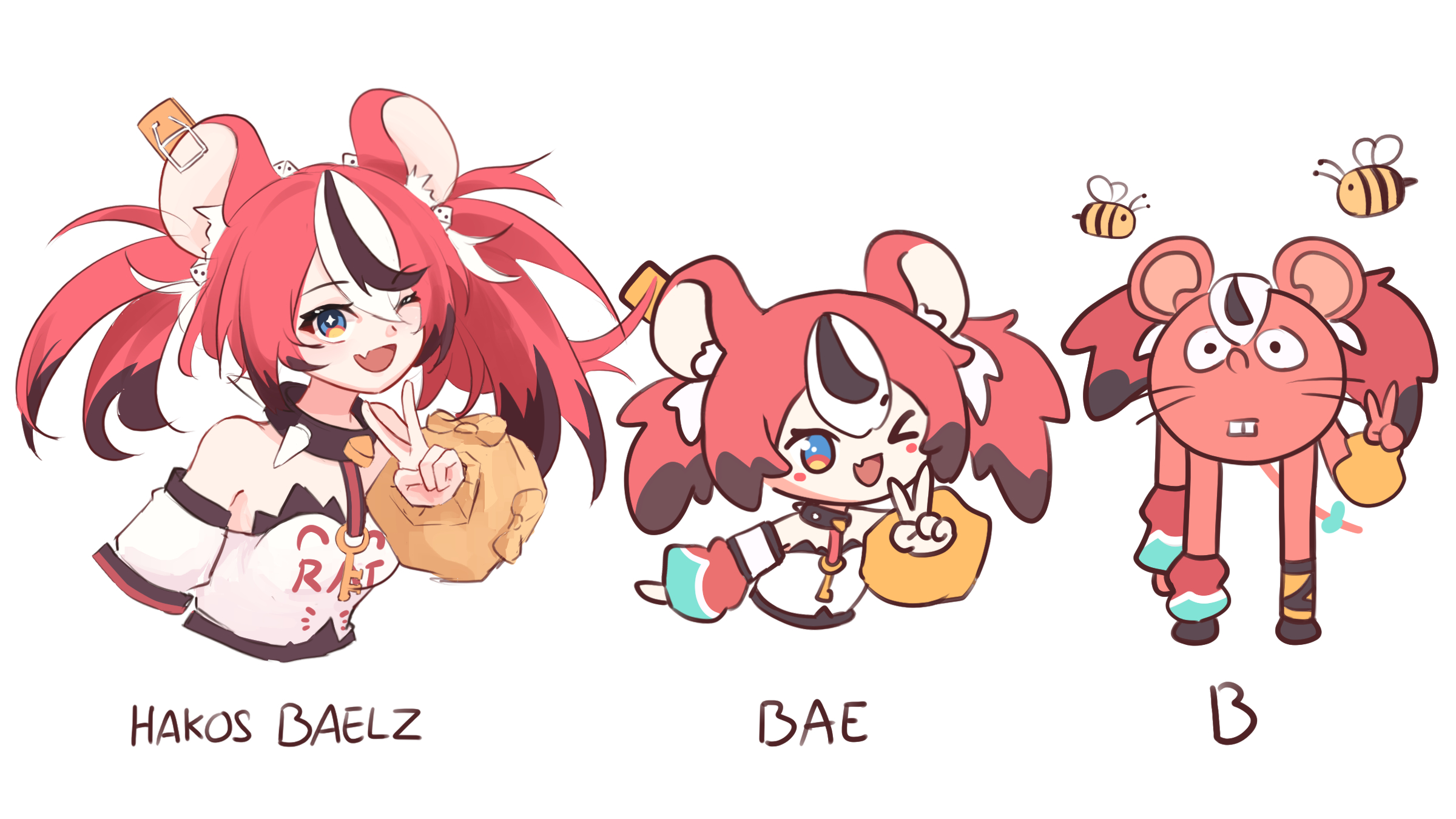 hakos baelz, hakos baelz (1st costume), hakos baelz (rat), hololive, hololive english, commentary, highres, symbol-only commentary, > o, 1girl, :d, animal ears, bee, black hair, blue eyes, buck teeth, bug, chibi, collar, cropped torso, dice hair ornament, fang, hair ornament, hand up, how much can i simplify, iennie, insect, mouse ears, mouse girl, mousetrap, multicolored hair, multiple views, one eye closed, open mouth, red hair, simple background, skin fang, smile, spiked collar, spikes, streaked hair, teeth, twintails, upper body, v, virtual youtuber, white background, white hair