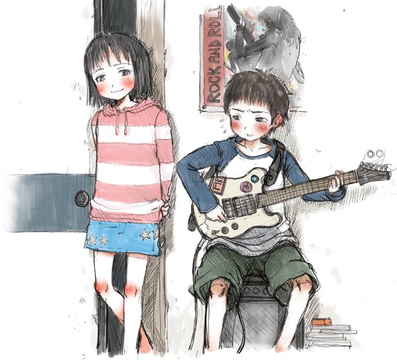 gomennasai, striped, 1boy, 1girl, amplifier, black eyes, black hair, blush, body blush, electric guitar, flying sweatdrops, guitar, hood, hoodie, instrument, poster (medium), poster (object), raglan sleeves, short hair, skirt