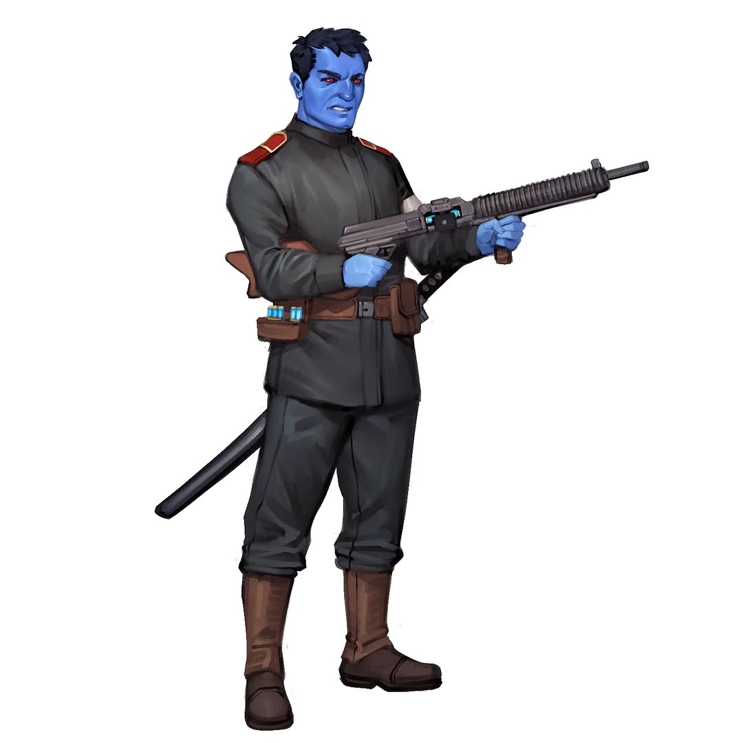 will nunes, chiss, star wars, 1boy, alien, black hair, black jacket, black pants, blue skin, boots, brown boots, colored skin, gun, holding, holding gun, holding weapon, jacket, pants, red eyes, short hair, simple background, solo, weapon, white background
