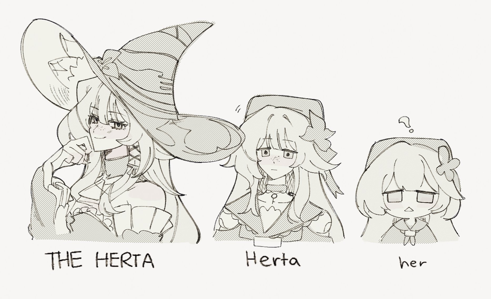 skion, herta (honkai: star rail), the herta (honkai: star rail), honkai: star rail, honkai (series), commentary, highres, 1girl, :|, ?, character name, choker, closed mouth, comparison, flower, freckles, greyscale, hand up, hat, hat flower, how much can i simplify, jitome, key, key choker, large hat, long hair, long sleeves, monochrome, multiple views, sidelocks, simple background, smile, smug, triangle mouth, white background, witch hat