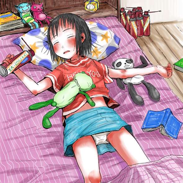 gomennasai, zangyaku-san, ano ko wa toshi densetsu, 1girl, bed, black hair, book, child, clock, closed eyes, doll, female focus, miniskirt, panties, pantyshot, skirt, sleeping, solo, underwear, white panties
