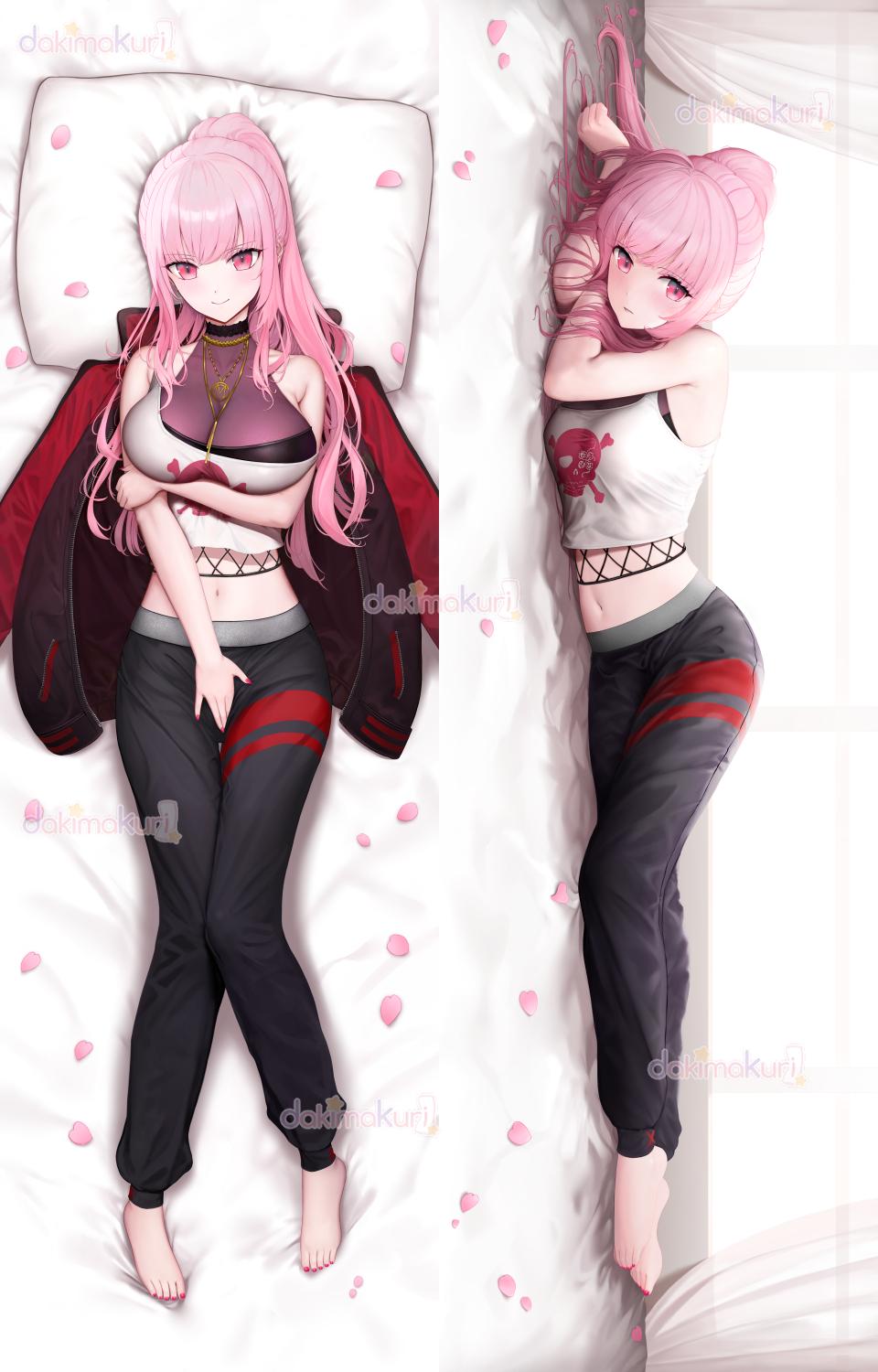 solaris (sinhyg), mori calliope, mori calliope (streetwear), hololive, hololive english, highres, 1girl, bare arms, barefoot, between legs, black choker, black jacket, black pants, breasts, choker, crop top, dakimakura (medium), fishnet top, fishnets, from above, from side, full body, halter shirt, halterneck, hand between legs, jacket, jewelry, large breasts, long hair, looking at viewer, lying, midriff, multicolored jacket, multiple views, nail polish, navel, necklace, official alternate costume, on back, on bed, on side, pants, petals, pink eyes, pink hair, pink petals, ponytail, red jacket, red nails, see-through cleavage, see-through clothes, skull and crossbones, skull print, smile, sweatpants, tank top, toenail polish, toenails, two-tone jacket, virtual youtuber, white tank top
