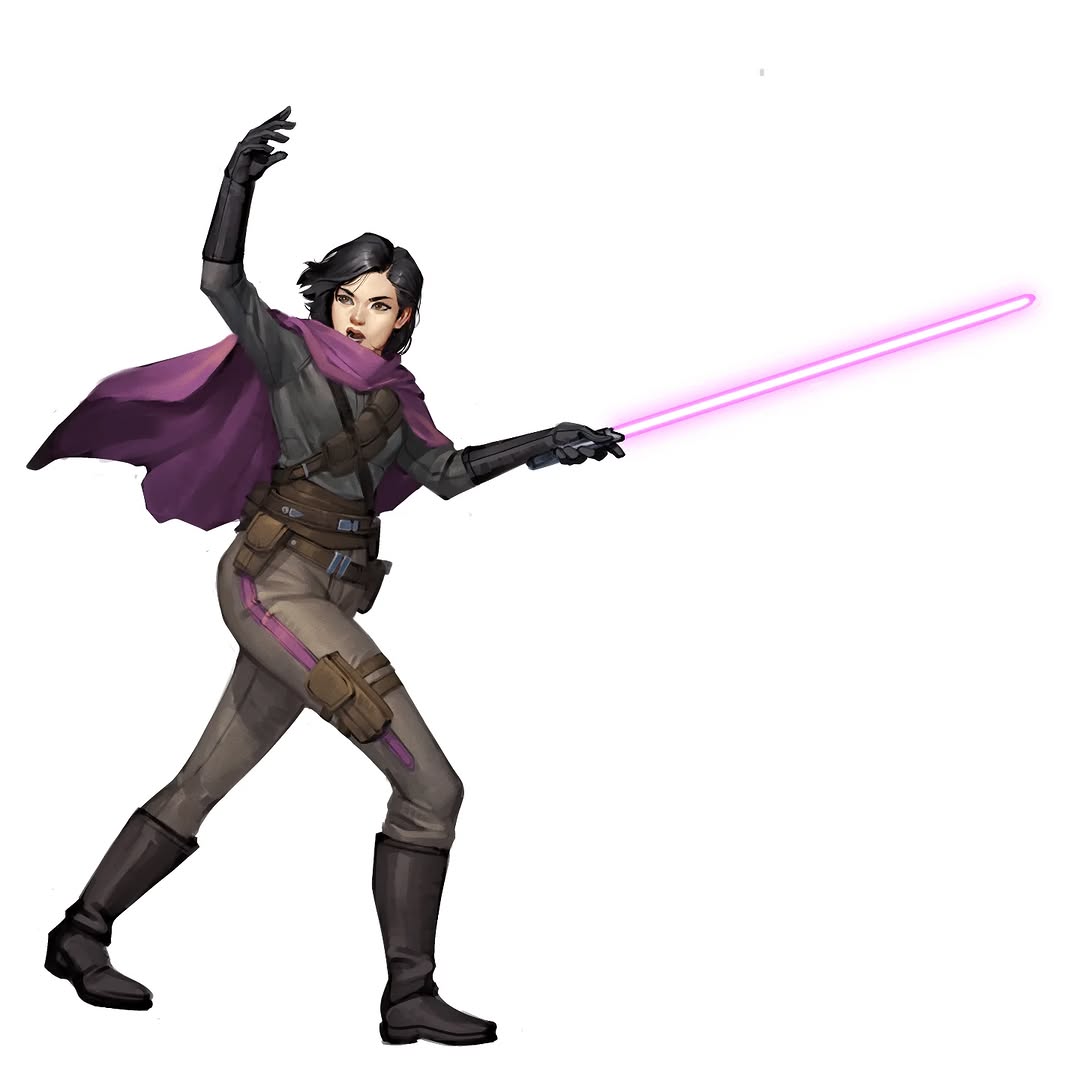 will nunes, star wars, 1girl, black gloves, black hair, boots, brown boots, brown pants, cape, energy sword, full body, gloves, holding, holding sword, holding weapon, lightsaber, pants, purple cape, purple lightsaber, simple background, solo, standing, sword, weapon, white background