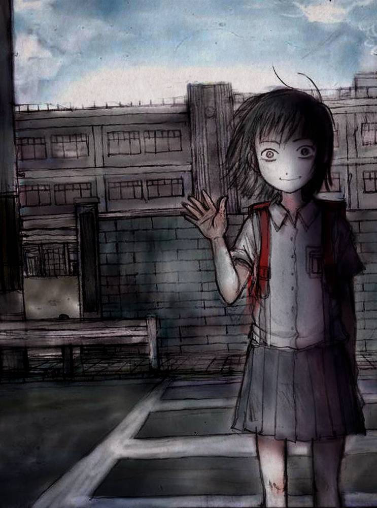 gomennasai, 1girl, backpack, bag, black hair, building, cloud, creepy, dark, female focus, hand wave, horror (theme), outdoors, pale skin, randoseru, road, school, school uniform, serafuku, short hair, sky, smile, solo, street, waving, wide-eyed, wind