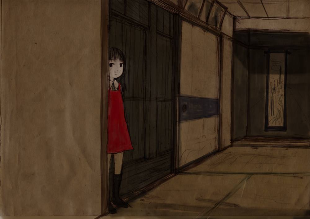 gomennasai, 1girl, black hair, dark, dress, female focus, peeking out, red dress, solo, twintails