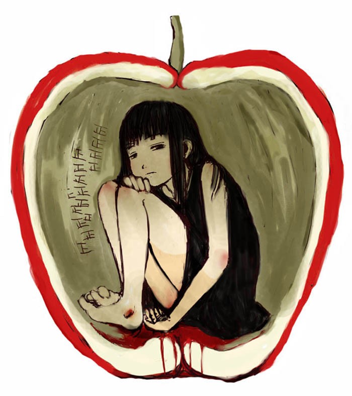 gomennasai, 1girl, apple, barefoot, black hair, blood, dress, feet, female focus, food, fruit, hugging own legs, long hair, sitting, solo