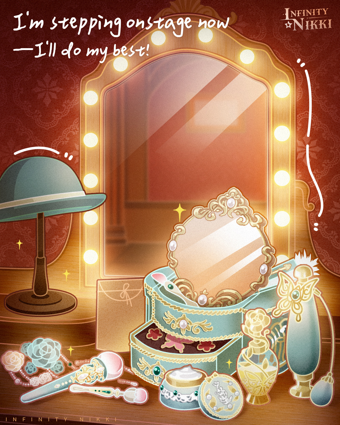 infinity nikki, nikki (series), artist request, commentary, english commentary, highres, official art, second-party source, aqua flower, aqua hat, aqua rose, bead necklace, beads, bottle, bowler hat, copyright name, cosmetics, dressing room, english text, flower, hat, indoors, jewelry, logo, makeup brush, mirror, necklace, no humans, object focus, perfume bottle, rose, sparkle, unworn hat, unworn headwear, unworn jewelry, unworn necklace, white flower, white rose