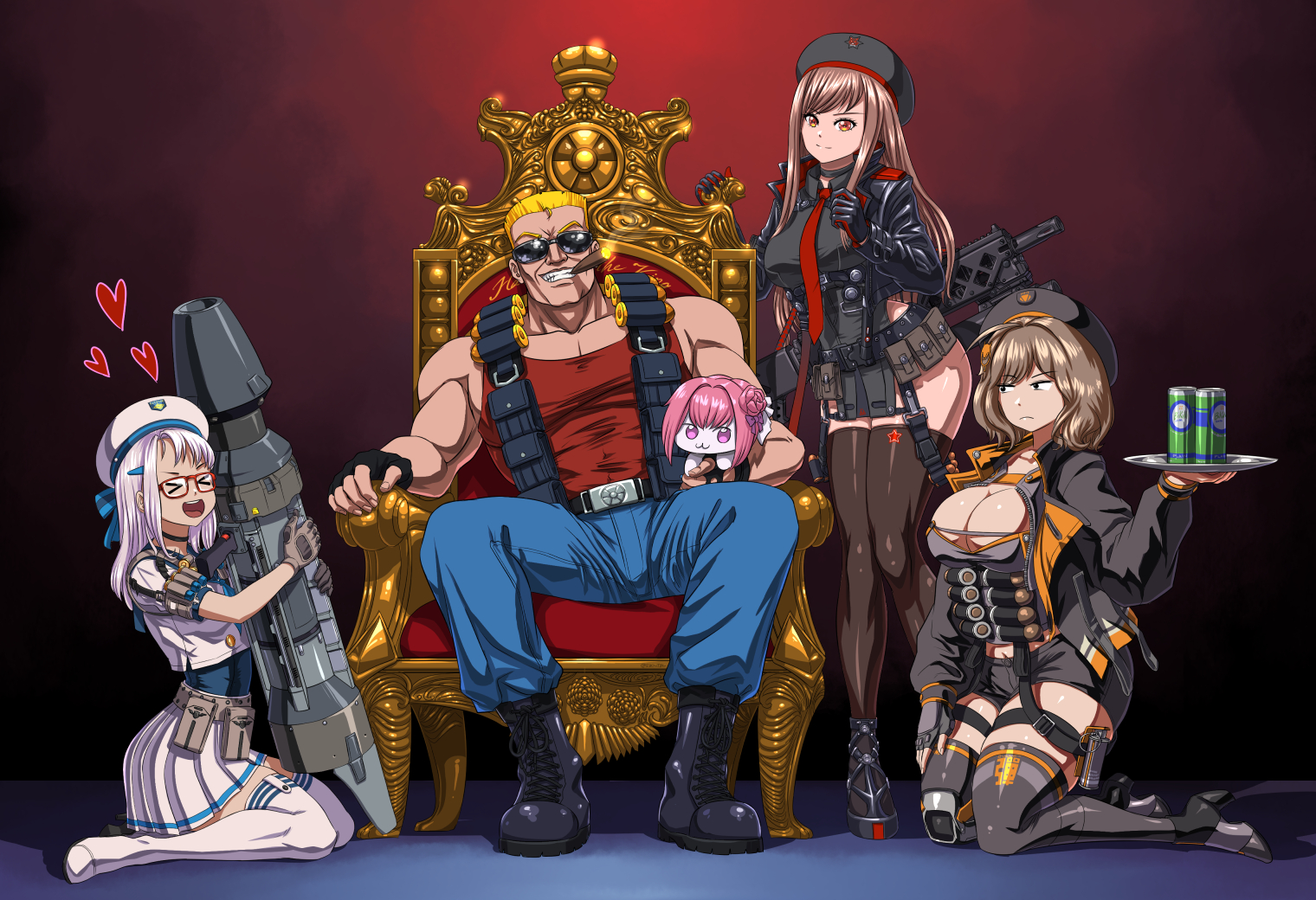 substance20, anis (nikke), doro (nikke), neon (nikke), rapi (nikke), duke nukem, goddess of victory: nikke, 1boy, 3girls, ahoge, belt pouch, beret, blonde hair, blush, breasts, brown hair, can, cleavage, collared leotard, counters (nikke), creature, crossover, drink can, duke nukem (series), fingerless gloves, glasses, gloves, grin, gun, hair bun, hair intakes, hat, holding, holding creature, holding tray, jacket, large breasts, long hair, looking at viewer, militaria (nikke), multiple girls, muscular, muscular male, necktie, open mouth, pink hair, pouch, purple ribbon, red eyes, red necktie, red tank top, ribbon, short hair, single side bun, slingshot swimsuit, smile, soda can, sunglasses, swimsuit, tank top, thighhighs, thighs, tray, two-tone gloves, weapon, white hair, yellow slingshot swimsuit