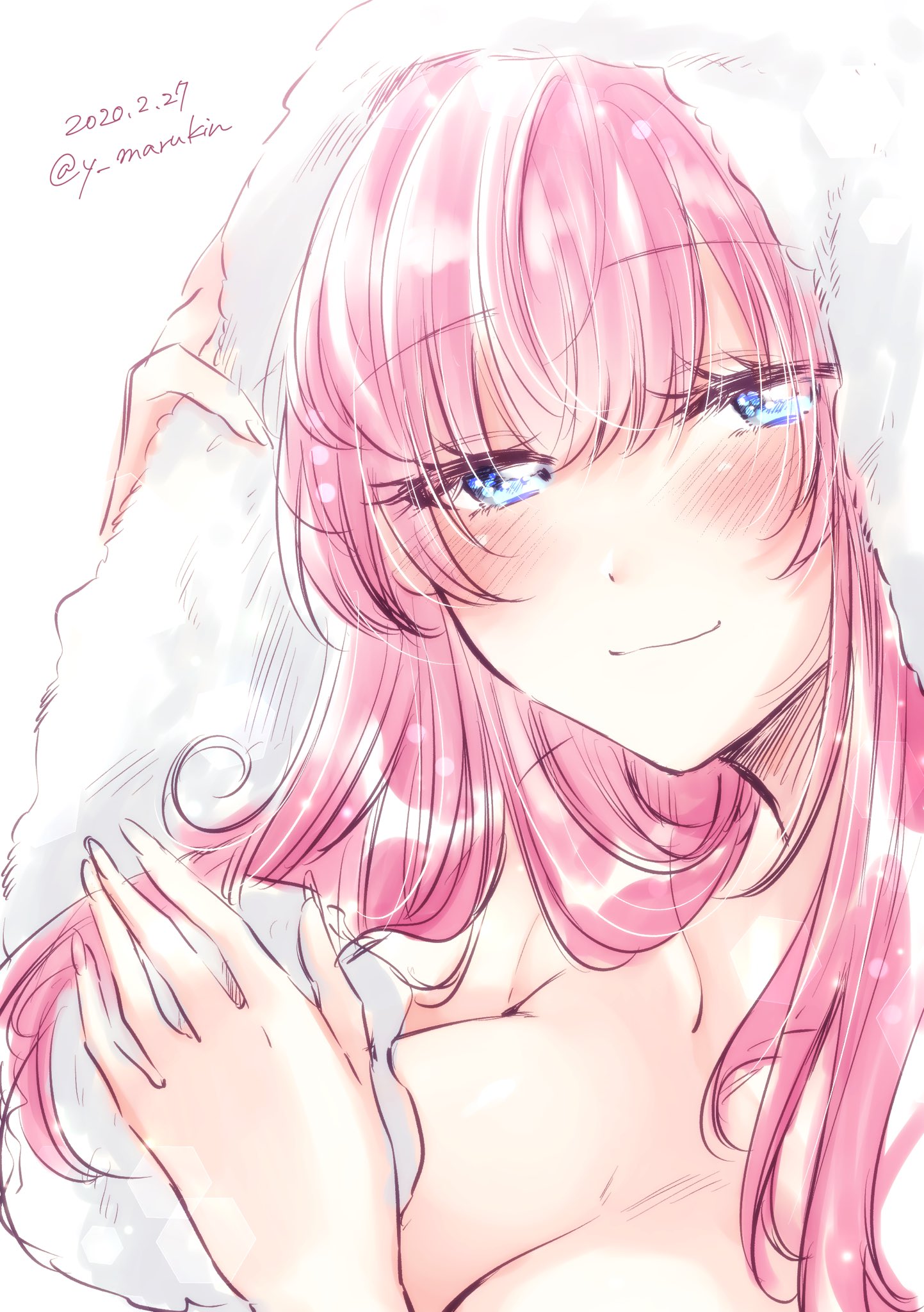 kanamaru yuuki, watanabe akari, fuufu ijou koibito miman., commentary request, highres, 1girl, artist name, blue eyes, blush, breasts, cleavage, closed mouth, dated, large breasts, long hair, looking at viewer, pink hair, simple background, smile, solo, towel, towel on head, twitter username, upper body, white background