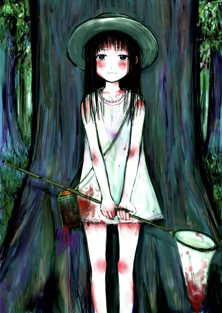 gomennasai, original, 1girl, against tree, black eyes, black hair, blood, butterfly net, dress, guro, hand net, hat, long hair, net, outdoors, penis, severed penis, solo, tree, when you see it