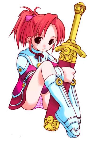 sanary, summon night, summon night: swordcraft story, boots, panties, pink panties, red hair, solo, striped clothes, striped panties, sword, underwear, weapon