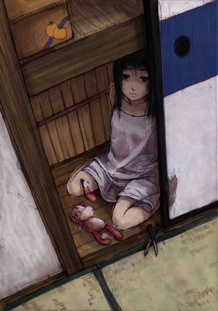 gomennasai, 1girl, black eyes, black hair, box, cabinet, cardboard box, dark, doll, door, dress, female focus, long hair, sad, scissors, solo