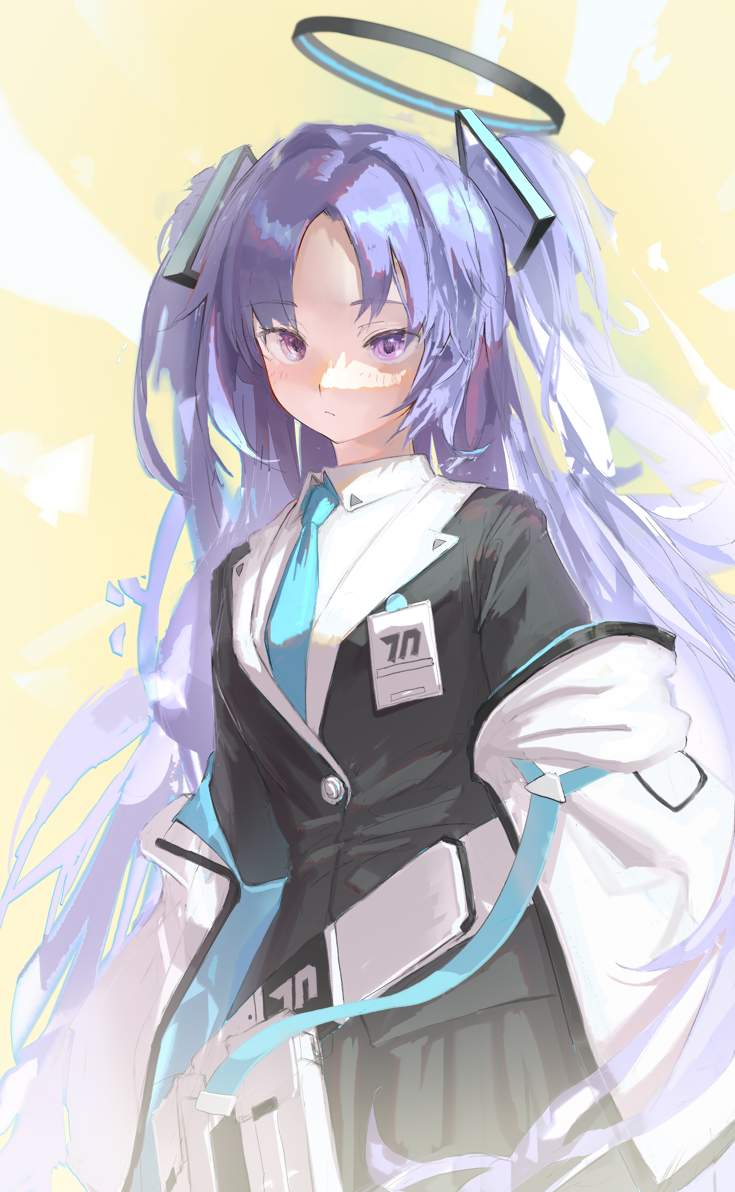 jinchigou, yuuka (blue archive), blue archive, absurdres, highres, 1girl, black halo, black jacket, black skirt, blue necktie, blush, closed mouth, collared shirt, halo, jacket, long hair, looking at viewer, necktie, parted bangs, purple eyes, purple hair, shirt, sidelocks, skirt, solo, two side up, white jacket, white shirt