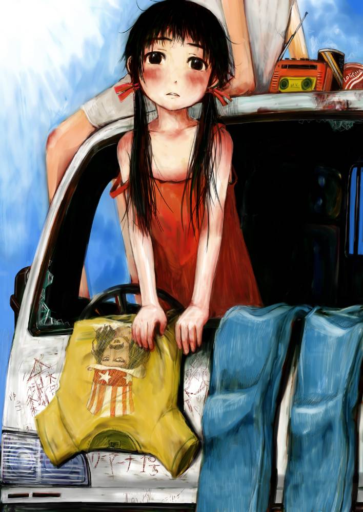 gomennasai, frank zappa, original, vehicle, 1girl, bare shoulders, black eyes, black hair, can, denim, female focus, jeans, long hair, motor vehicle, pants, radio, solo, strap slip, twintails, van