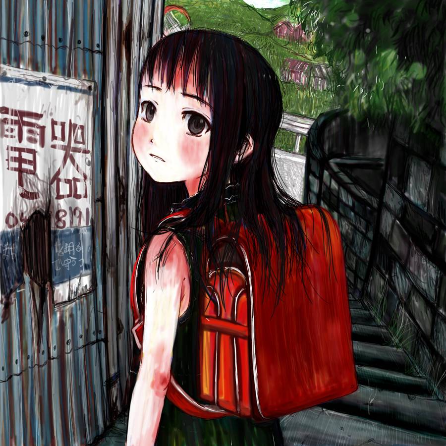 gomennasai, original, bad link, 1girl, arms at sides, backpack, bag, black eyes, black hair, blush, day, dress, ear visible through hair, female focus, from behind, green dress, long hair, looking back, outdoors, pale skin, parted lips, randoseru, road, sleeveless, sleeveless dress, solo, stairs, standing, upper body