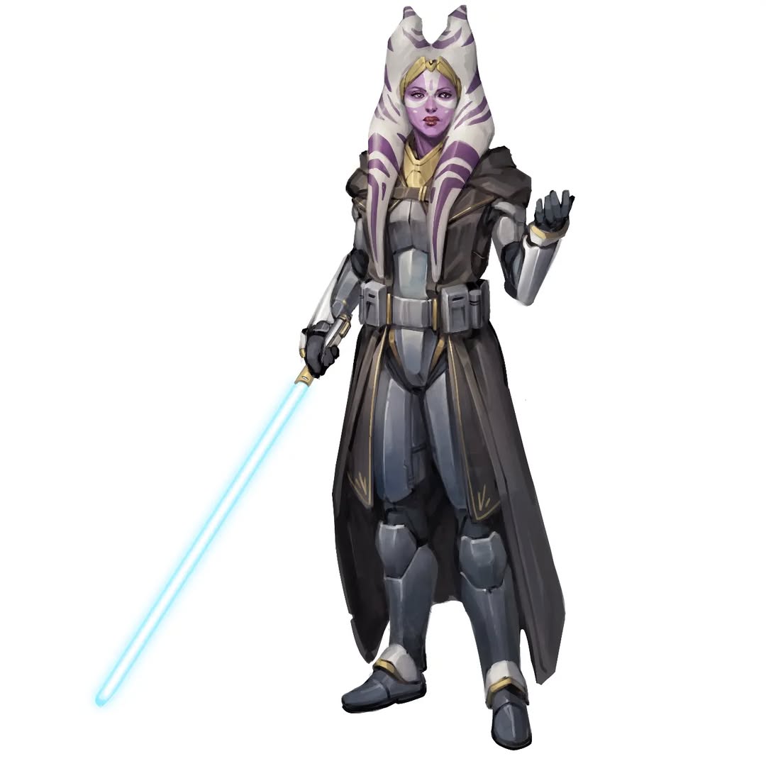 will nunes, togruta, star wars, 1girl, alien, armor, blue lightsaber, colored skin, energy sword, full body, holding, holding sword, holding weapon, lightsaber, purple skin, simple background, solo, sword, weapon, white background