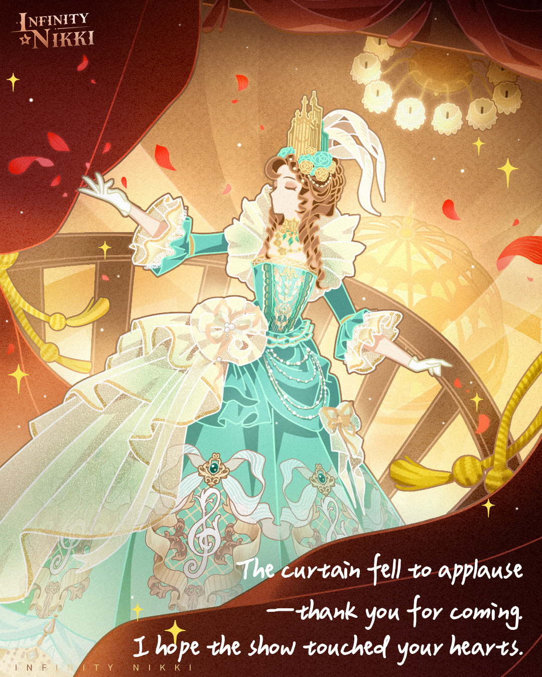 infinity nikki, nikki (series), artist request, commentary, english commentary, highres, official art, second-party source, 1girl, aqua dress, aqua flower, aqua rose, beads, brown hair, closed eyes, copyright name, crown, curtains, dress, echoed dreams (infinity nikki), english text, feet out of frame, flower, frilled dress, frilled sleeves, frills, gloves, gold crown, gold necklace, gown, hair beads, hair flower, hair ornament, hat feather, jewelry, light particles, logo, long dress, long hair, long sleeves, musical note, musical note print, necklace, no mouth, outstretched arm, petals, ringlets, rose, rose petals, solo, sparkle, square neckline, stage, stage lights, treble clef, victorian, white gloves, yellow flower, yellow rose