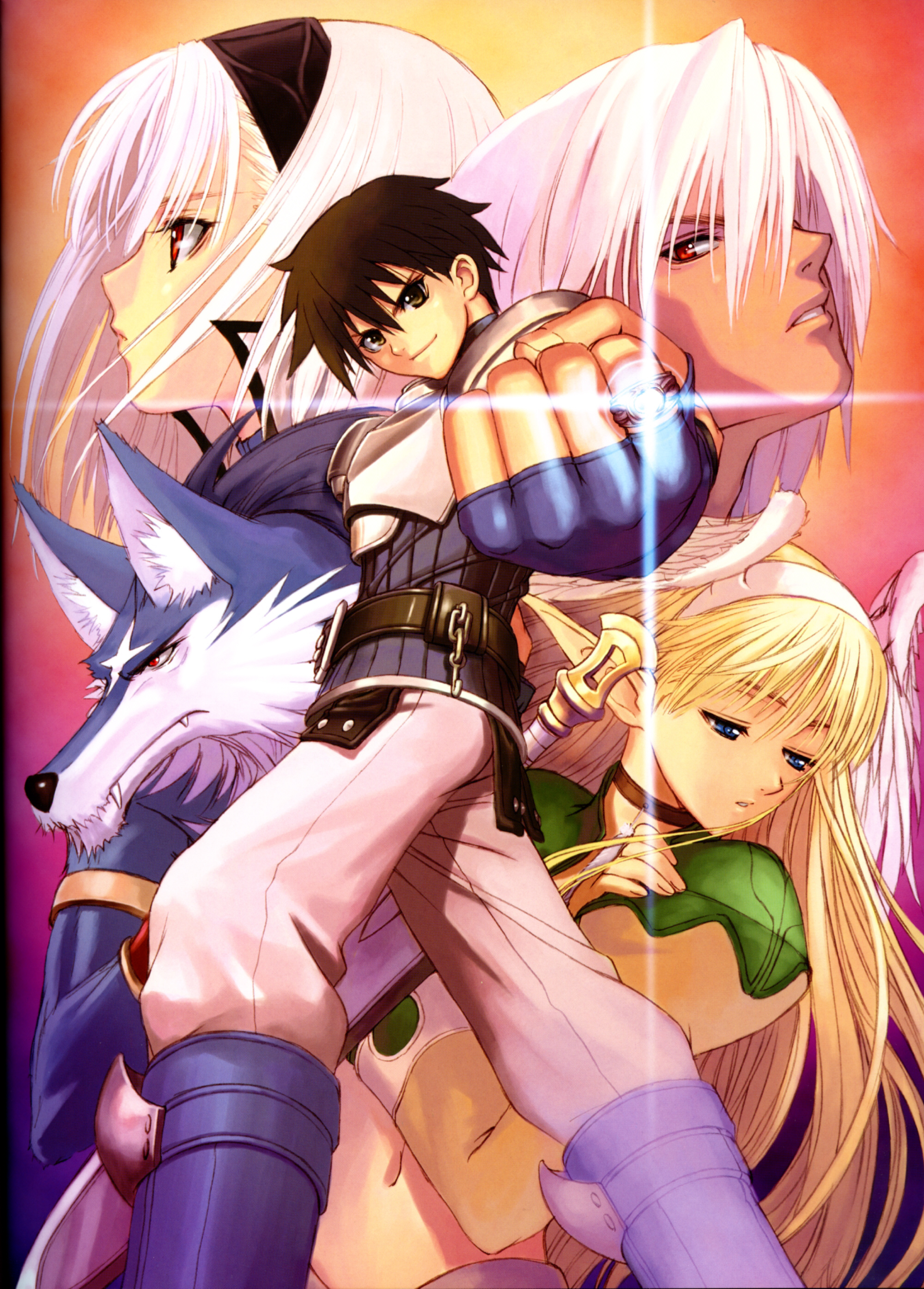 tony taka, xion, blanc neige, elwing, keiner, volg, sega, shining (series), shining tears, absurdres, highres, scan, 2boys, 2girls, albino, armlet, black hair, blonde hair, blouse, blue background, blue eyes, blue shirt, brother and sister, choker, clenched hand, fang, fang out, feathers, fingerless gloves, foreshortening, gloves, glowing, gorget, gradient background, hairband, half-closed eyes, head wings, jewelry, legs apart, light trail, long hair, multiple boys, multiple girls, orange background, pointy ears, purple background, red background, red eyes, ring, scar, shirt, siblings, sword, v-shaped eyebrows, very long hair, weapon, white hair, wings, wolf, yellow background