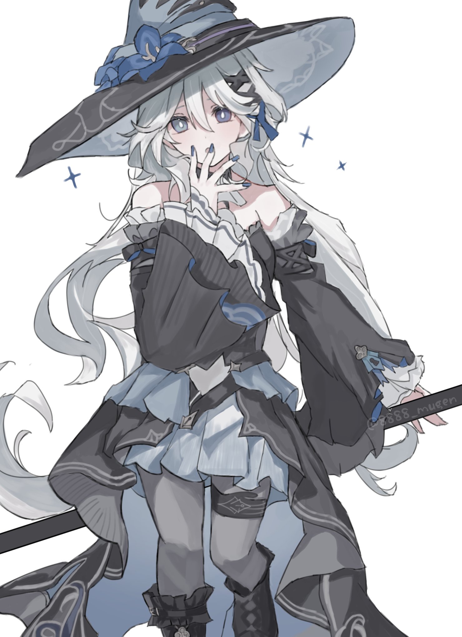 furina (genshin impact), herta (honkai: star rail), the herta (honkai: star rail), genshin impact, honkai: star rail, honkai (series), commentary, highres, 1girl, bare shoulders, black dress, black hat, blue eyes, blue flower, blue nails, bright pupils, cosplay, detached sleeves, dress, feet out of frame, flower, frilled sleeves, frills, grey pantyhose, grey skirt, hair ribbon, hand up, hat, hat flower, long hair, long sleeves, miniskirt, nail polish, nayuta (8888 mugen), pantyhose, pleated skirt, ribbon, simple background, skirt, skirt under dress, solo, standing, strapless, strapless dress, the herta (honkai: star rail) (cosplay), very long hair, white background, white hair, white pupils, witch hat