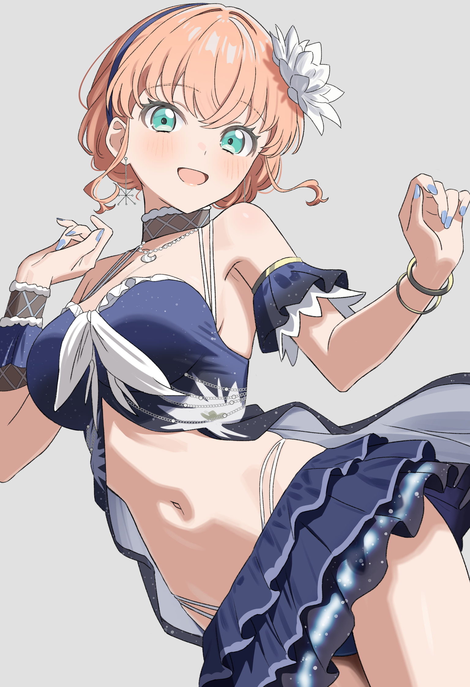 masaki (masakinariya), hinoshita kaho, link! like! love live!, love live!, commentary, highres, 1girl, aqua eyes, atarayo hanabi, bare shoulders, bikini, blue bikini, blush, bracelet, crescent, crescent necklace, earrings, flower, frilled bikini, frills, grey background, hair flower, hair ornament, hairband, jewelry, looking at viewer, multi-strapped bikini bottom, multi-strapped bikini top, nail polish, navel, necklace, official alternate costume, open mouth, orange hair, short hair, simple background, smile, solo, stomach, swimsuit, white flower