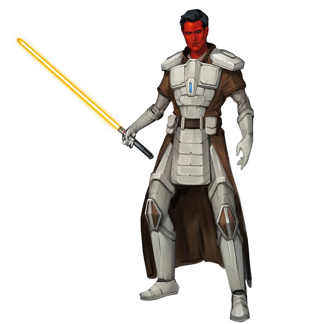 will nunes, star wars, 1boy, alien, armor, black hair, colored skin, energy sword, full body, holding, holding sword, holding weapon, lightsaber, looking at viewer, red skin, short hair, simple background, sith pureblood, solo, sword, weapon, white background, yellow lightsaber