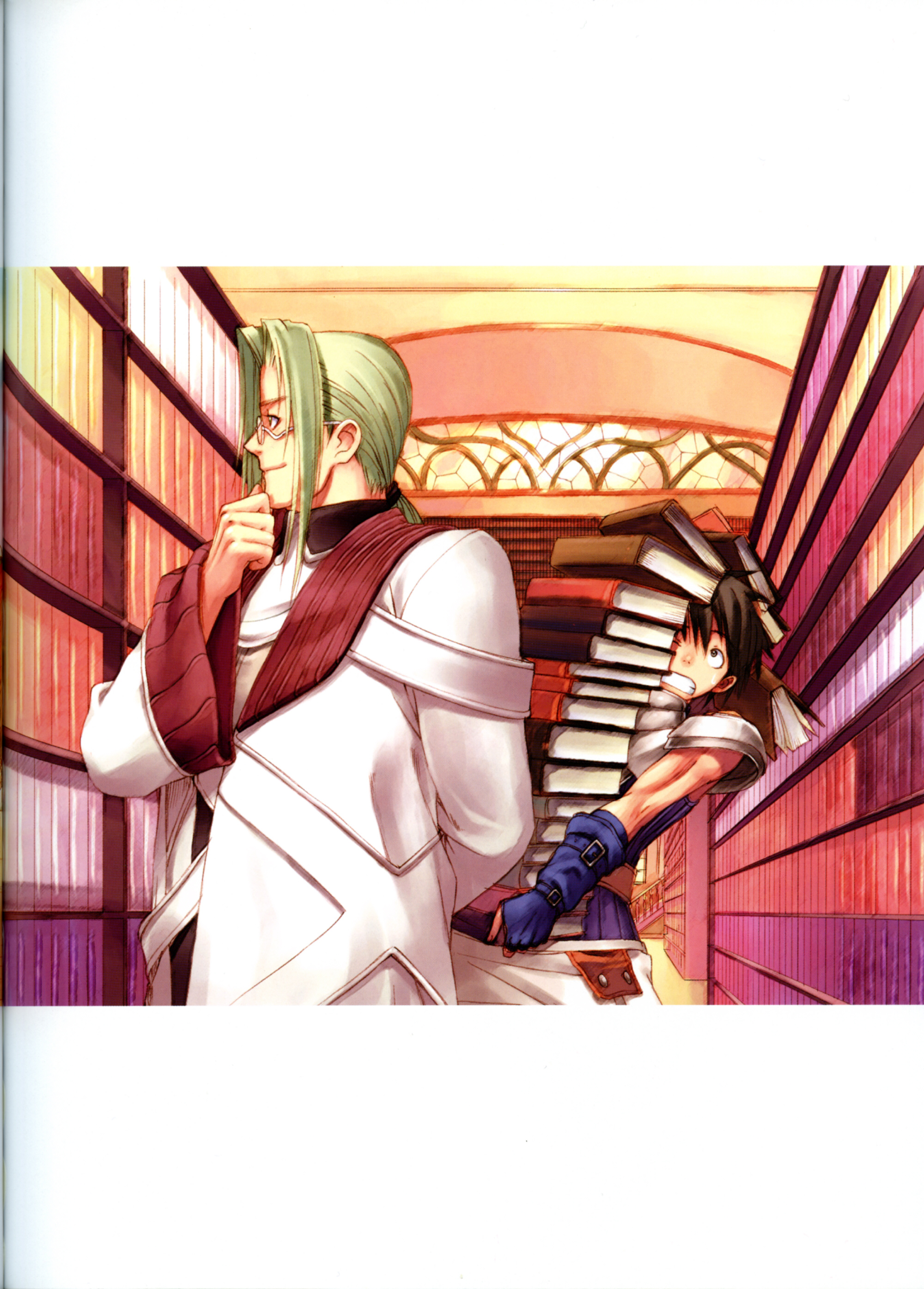 tony taka, xion, pios, sega, shining (series), shining tears, absurdres, highres, scan, 2boys, black hair, blonde hair, book, book stack, bookshelf, clenched teeth, glasses, holding, holding book, library, male focus, multiple boys, ponytail, smile, teeth