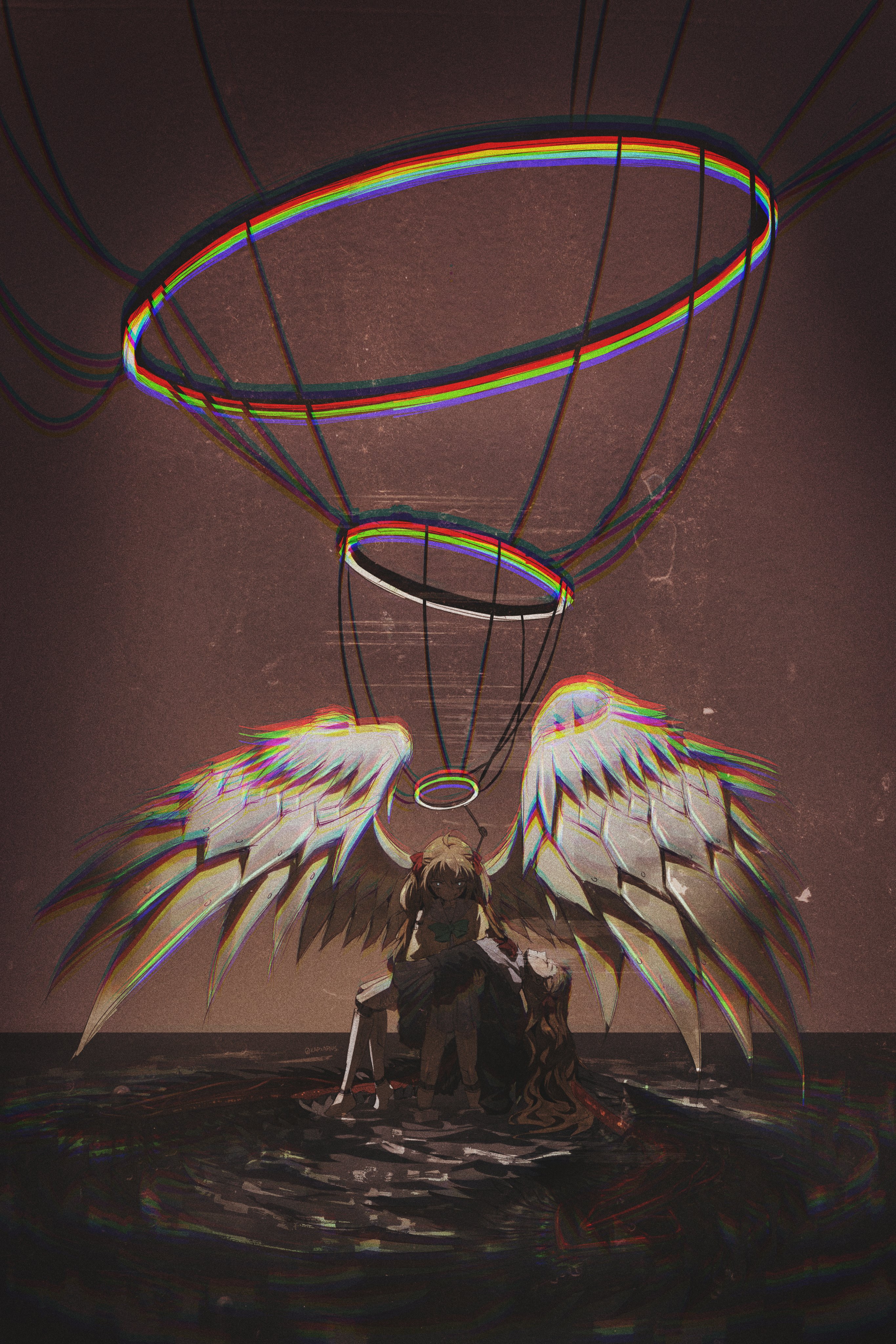 kapxapius, evil neuro-sama, neuro-sama, absurdres, highres, 2girls, ahoge, angel wings, barefoot, black cardigan, black skirt, black wings, blue eyes, blue sailor collar, blue skirt, bow, bowtie, brown hair, cardigan, carrying, carrying person, chromatic aberration, dress shirt, glowing, glowing eyes, green bow, green bowtie, hair ribbon, halo, long hair, looking at viewer, multiple girls, pleated skirt, princess carry, red bow, red bowtie, red ribbon, ribbon, robot girl, sailor collar, shirt, siblings, sisters, skirt, twins, two side up, vedal ai, virtual youtuber, water, white shirt, wide shot, wings, yellow cardigan