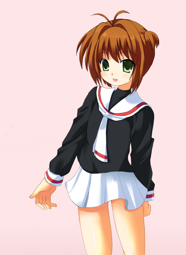 odaya, odayan, kinomoto sakura, cardcaptor sakura, 1990s (style), 1girl, brown hair, child, female focus, green eyes, legs apart, long sleeves, looking at viewer, necktie, pink background, pleated skirt, retro artstyle, sailor collar, school uniform, serafuku, short hair, simple background, skirt, solo, tomoeda middle school uniform, white necktie, white skirt