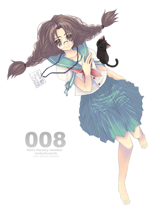 sakurai unan, original, barefoot, braid, cat, feet, glasses, school uniform, serafuku, solo, twin braids