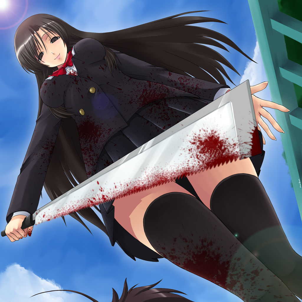 yaso shigeru, katsura kotonoha, school days, 00s, 1girl, black hair, blood, bow, brown eyes, female focus, from below, long hair, red bow, saw, school uniform, serafuku, skirt, solo, sword, thighhighs, weapon, yandere, zettai ryouiki