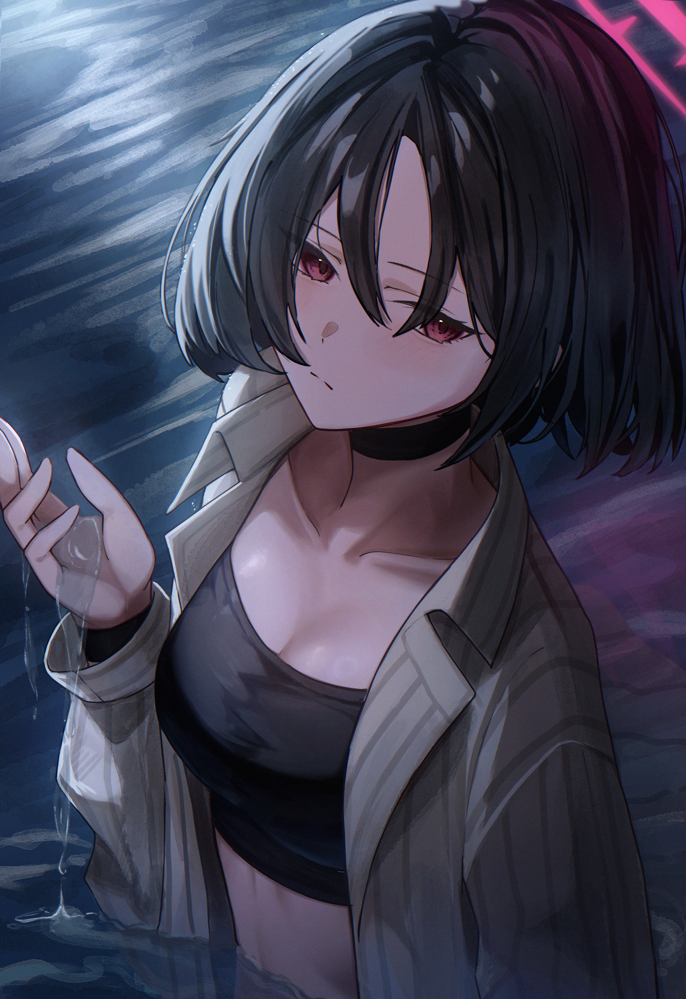 oiru (613), misaki (blue archive), misaki (swimsuit) (blue archive), blue archive, absurdres, highres, 1girl, bikini, black bikini, black hair, black shirt, blush, breasts, brown shirt, cleavage, closed mouth, coat, collarbone, grey coat, hair between eyes, halo, holding water, looking at viewer, medium hair, official alternate costume, partially submerged, pink halo, purple eyes, red eyes, red halo, shirt, short hair, solo, standing, standing on liquid, striped clothes, striped shirt, swimsuit, upper body, vertical-striped clothes, vertical-striped shirt, water, wet