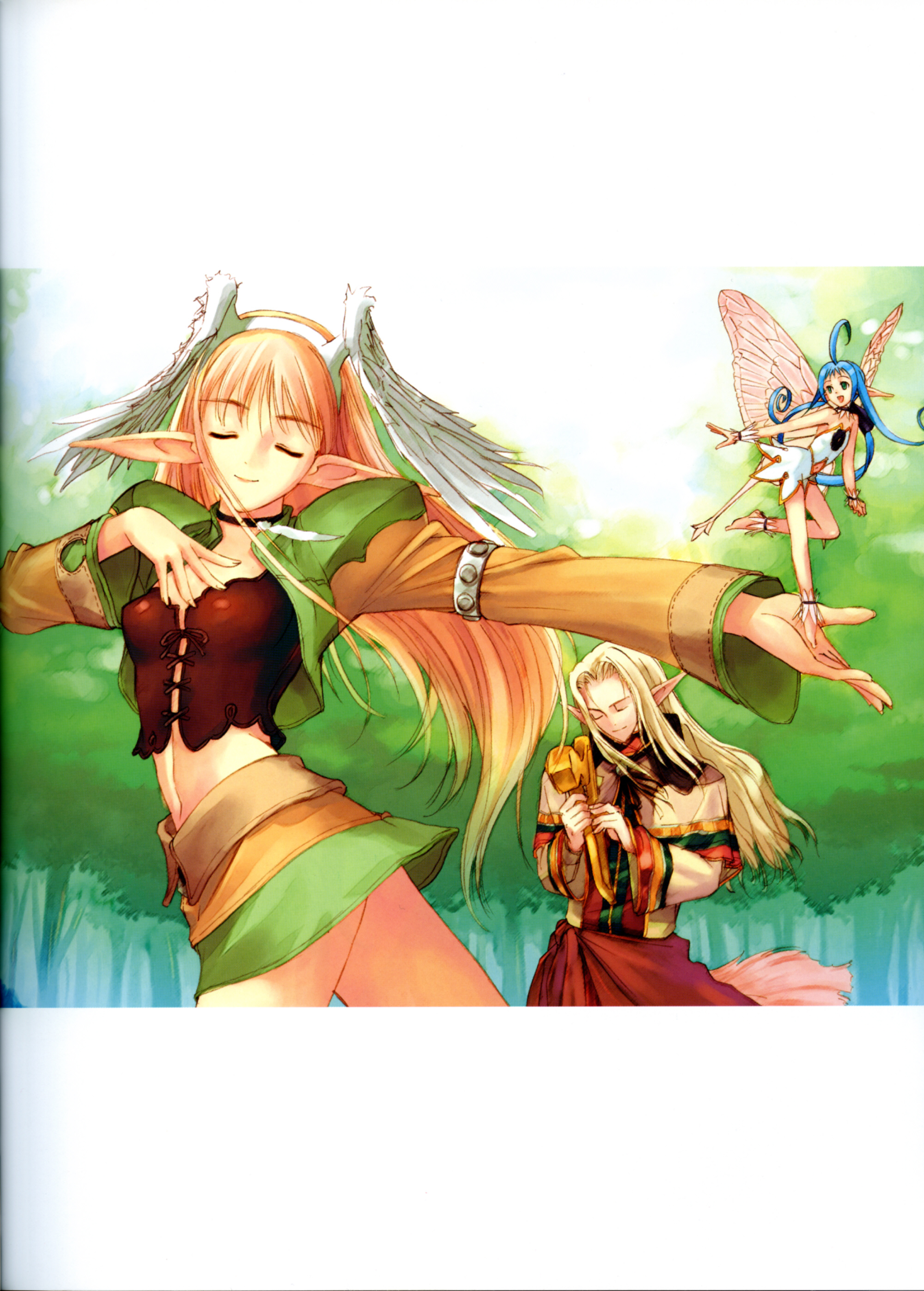 tony taka, cupid (shining tears), elwing, maple (shining tears), sega, shining (series), shining tears, absurdres, highres, non-web source, scan, 1boy, 2girls, barefoot, blonde hair, blue hair, choker, closed eyes, crop top, dress, elf, fairy, feathers, harp, head wings, holding, instrument, leg lift, long hair, midriff, mini person, minigirl, multiple girls, nature, outstretched arm, outstretched hand, pointy ears, ponytail, reaching, short dress, skirt, smile, tree, wings