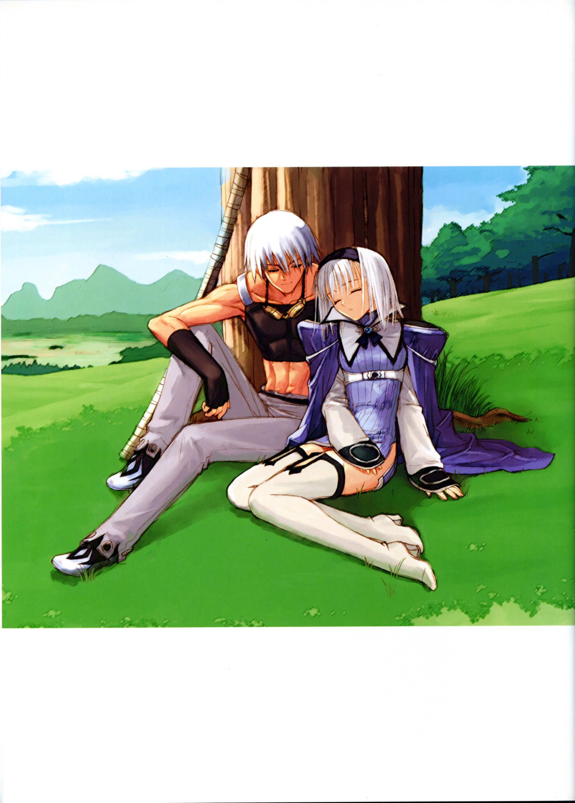 tony taka, blanc neige, keiner, sega, shining (series), shining tears, absurdres, highres, scan, 1boy, 1girl, abs, against tree, blue gemstone, blue skirt, boots, brother and sister, cape, closed eyes, couple, crop top, day, dress, full body, gem, hair between eyes, hairband, hand on own thigh, head tilt, hetero, high heel boots, high heels, incest, landscape, legs together, mountainous horizon, outdoors, pants, popped collar, shoes, short dress, siblings, sitting, skirt, sleeping, smile, tank top, thigh boots, thighhighs, tree, white hair, white thighhighs