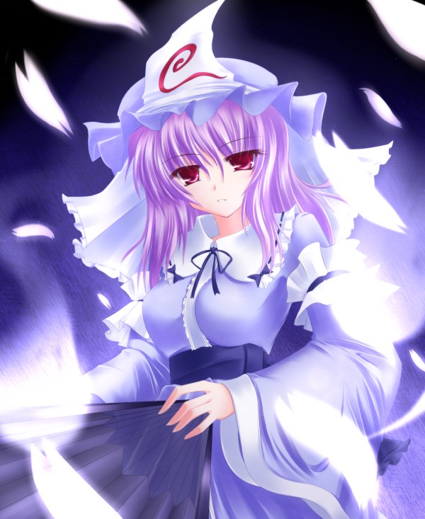 shirotsuki kouta, saigyouji yuyuko, touhou, 1girl, arm garter, expressionless, female focus, frills, hat, long sleeves, looking at viewer, mob cap, petals, pink hair, red eyes, ribbon-trimmed collar, ribbon trim, sash, short hair, solo, triangular headpiece