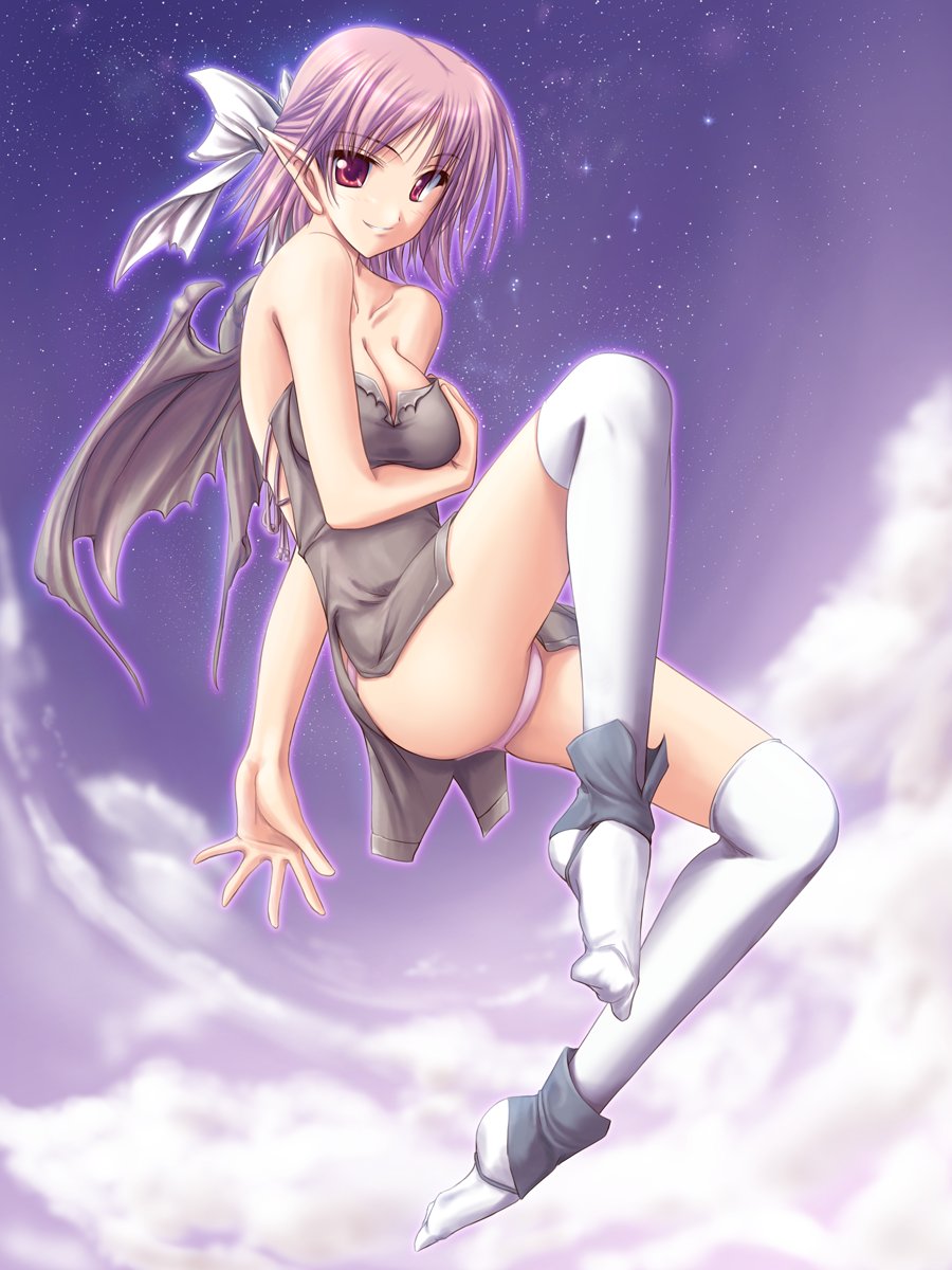 tenmaso, breast hold, game cg, highres, source request, 1girl, bare shoulders, blush, breasts, cleavage, cloud, demon girl, demon wings, dress, female focus, flying, hair ribbon, kneehighs, no bra, panties, pantyshot, pointy ears, purple hair, red eyes, ribbon, short hair, sky, smile, socks, solo, strapless, strapless dress, thighhighs, underwear, wings